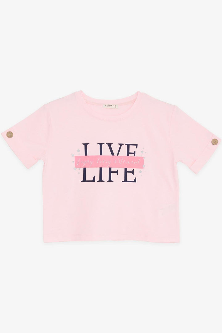BRE Breeze Girl Child Crop T-Shirt with Button Accented Sleeves Glittery Printed Text 96 Years, Pink - Lida