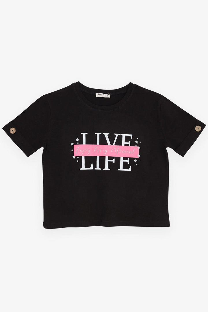 BRE Breeze Girl Child Crop T-Shirt with Button Accented Sleeves, Glittery Printed Text, 96 Years, Black - Boca Raton