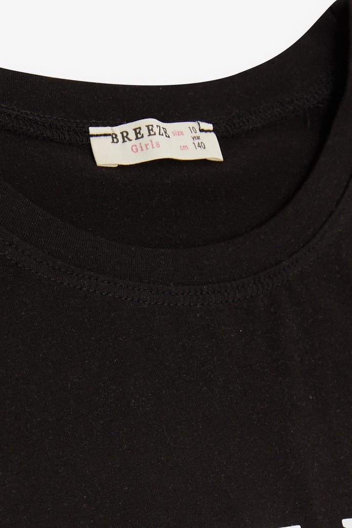 BRE Breeze Girl Child Crop T-Shirt with Button Accented Sleeves, Glittery Printed Text, 96 Years, Black - Boca Raton