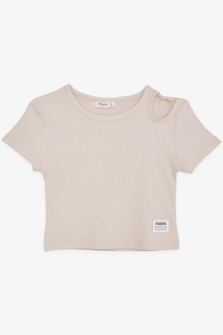 BRE Breeze Girl Child Crop Top with Open Shoulder Detail Ribbed 94 Years, Beige - Snizhne