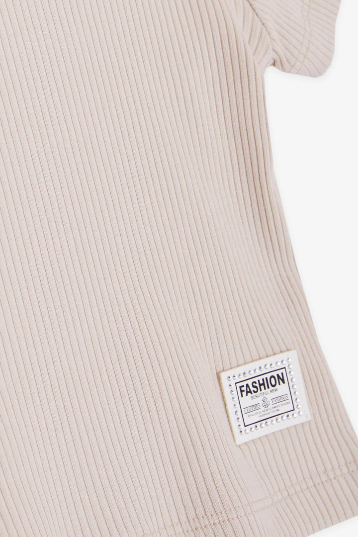 BRE Breeze Girl Child Crop Top with Open Shoulder Detail Ribbed 94 Years, Beige - Snizhne