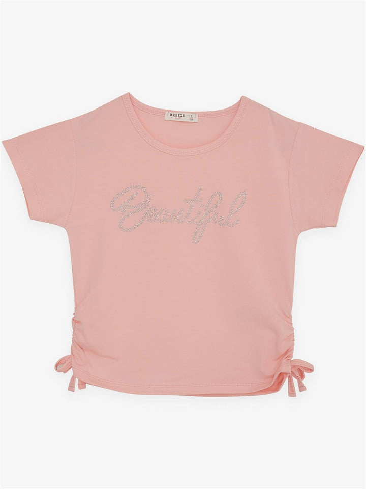 BRE Breeze Girl Crop T-Shirt with Rhinestone Printed Writing, Ruched Sides with Bow 84 Years, Salmon - Kalamariá