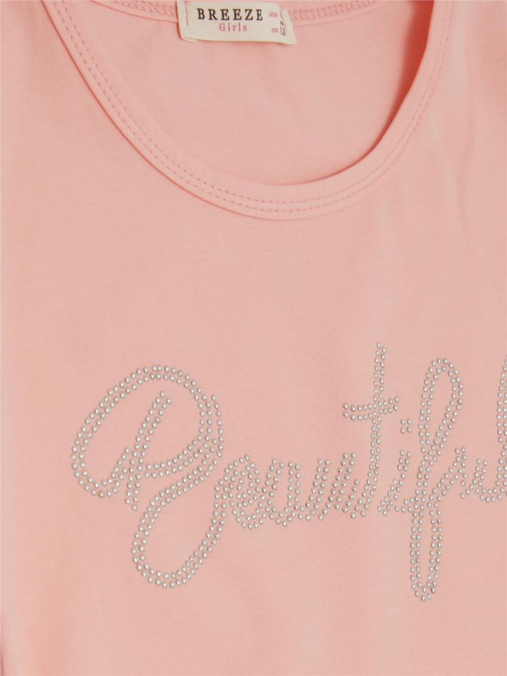 BRE Breeze Girl Crop T-Shirt with Rhinestone Printed Writing, Ruched Sides with Bow 84 Years, Salmon - Kalamariá