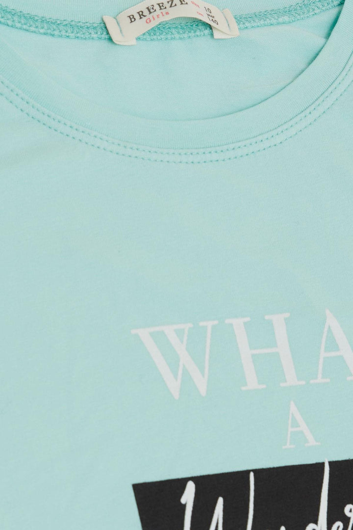 BRE Breeze Girl Child Crop T-Shirt with Side Slits Printed with Text 94 Years, Aqua Green - Marysville