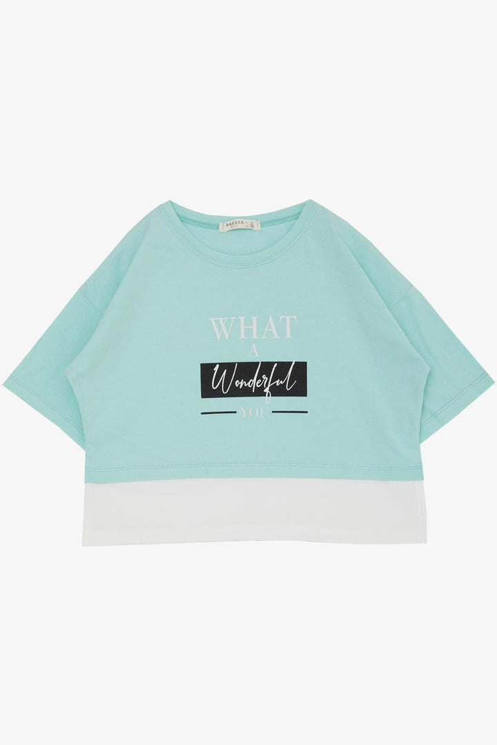 BRE Breeze Girl Child Crop T-Shirt with Side Slits Printed with Text 94 Years, Aqua Green - Marysville