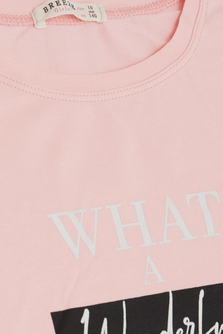 BRE Breeze Girl Child Crop T-Shirt with Side Slits Printed with Text, 94 Years, Pink - Danbury