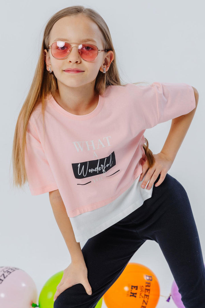 BRE Breeze Girl Child Crop T-Shirt with Side Slits Printed with Text, 94 Years, Pink - Danbury