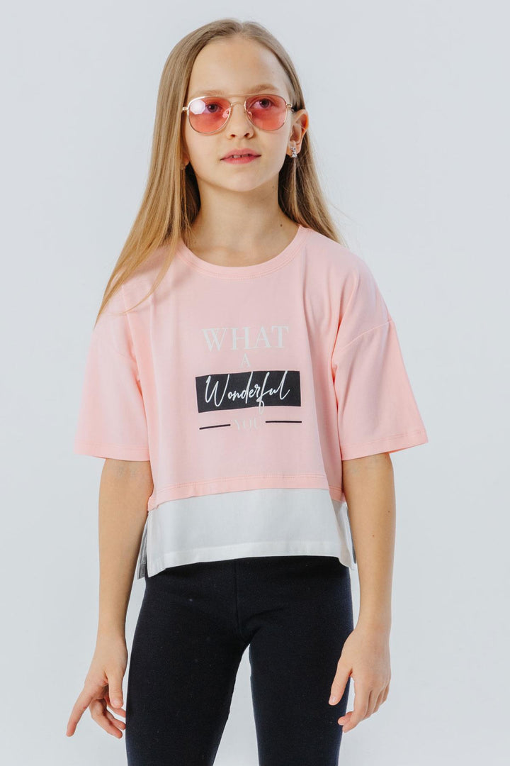 BRE Breeze Girl Child Crop T-Shirt with Side Slits Printed with Text, 94 Years, Pink - Danbury
