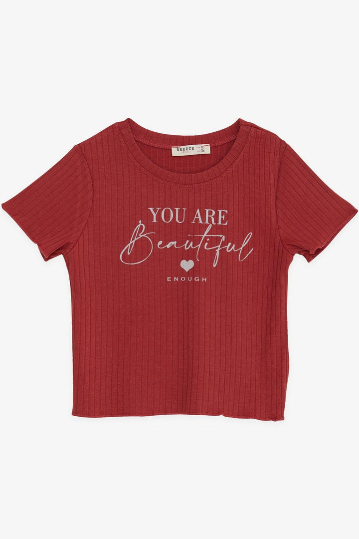 BRE Breeze Girl Child Crop T-Shirt Printed with Text 84 Years, Terracotta - Hot Springs