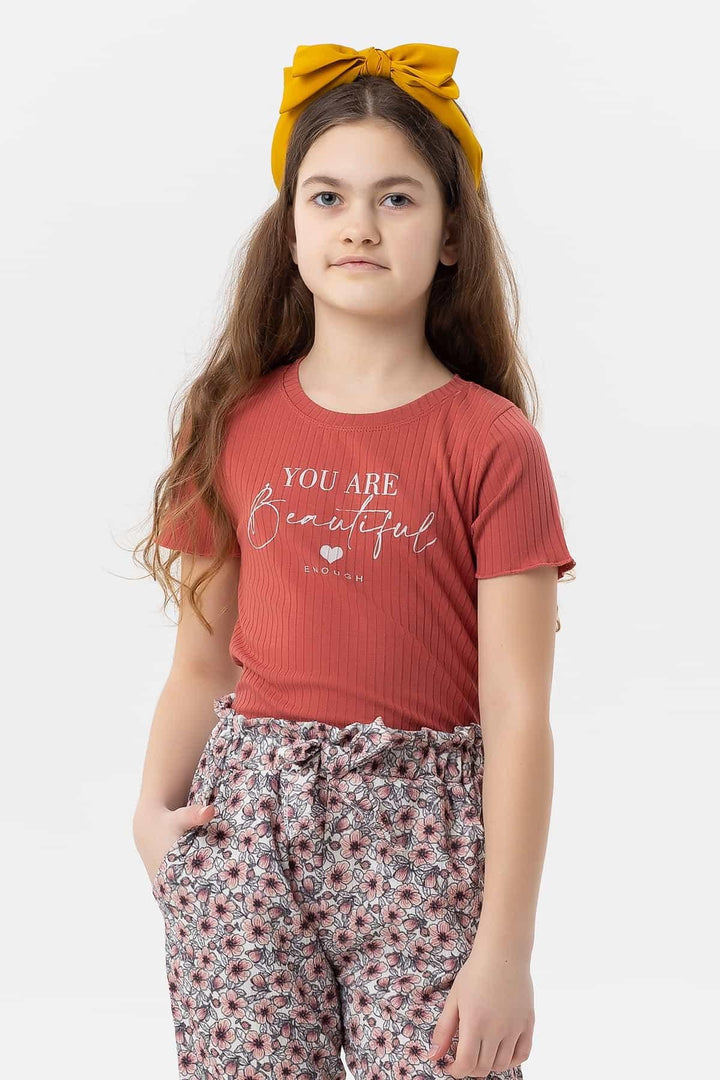 BRE Breeze Girl Child Crop T-Shirt Printed with Text 84 Years, Terracotta - Hot Springs