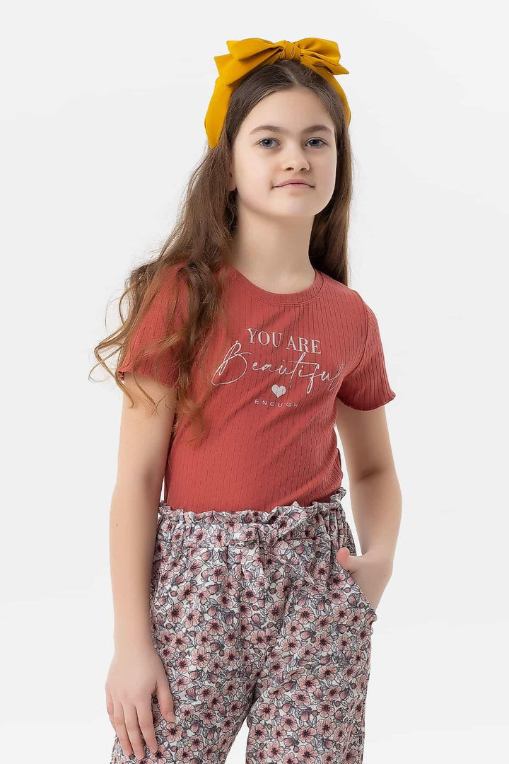 BRE Breeze Girl Child Crop T-Shirt Printed with Text 84 Years, Terracotta - Hot Springs