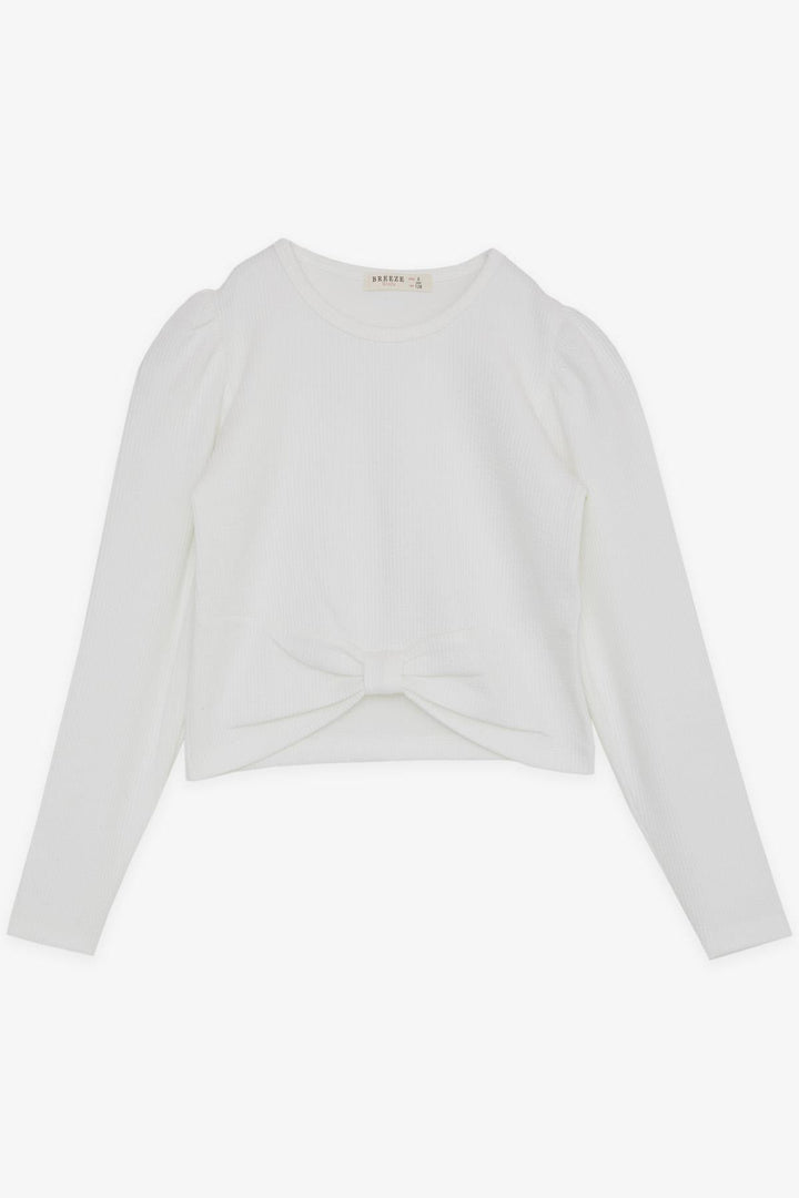 BRE Breeze Girl Child Crop Long Sleeve T-Shirt with Bow 84 Years, Ecru - Weymouth