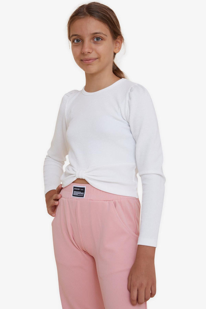 BRE Breeze Girl Child Crop Long Sleeve T-Shirt with Bow 84 Years, Ecru - Weymouth