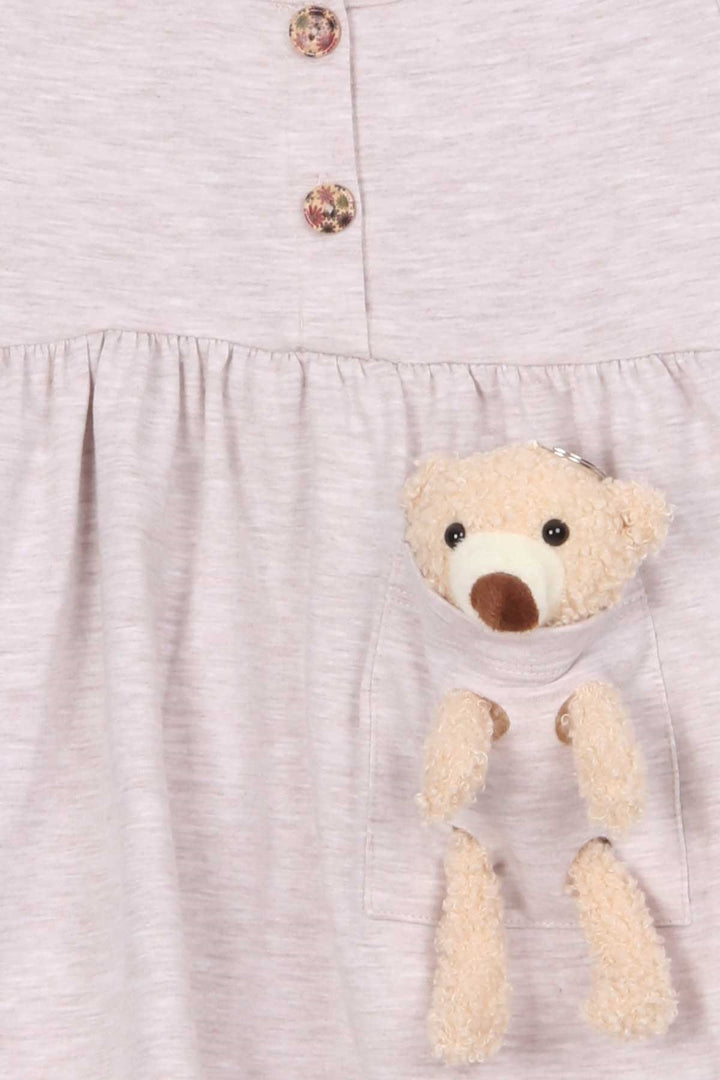 BRE Breeze Girl's Dress with Bear Accessory Detail, 2-6 Years, Beige Melange - Mount Laurel