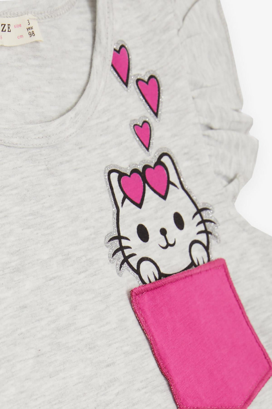 BRE Breeze Girl's Dress with Pocket Glittery Cat Print 1.5-5 Years, Light Grey Melange - Blyth