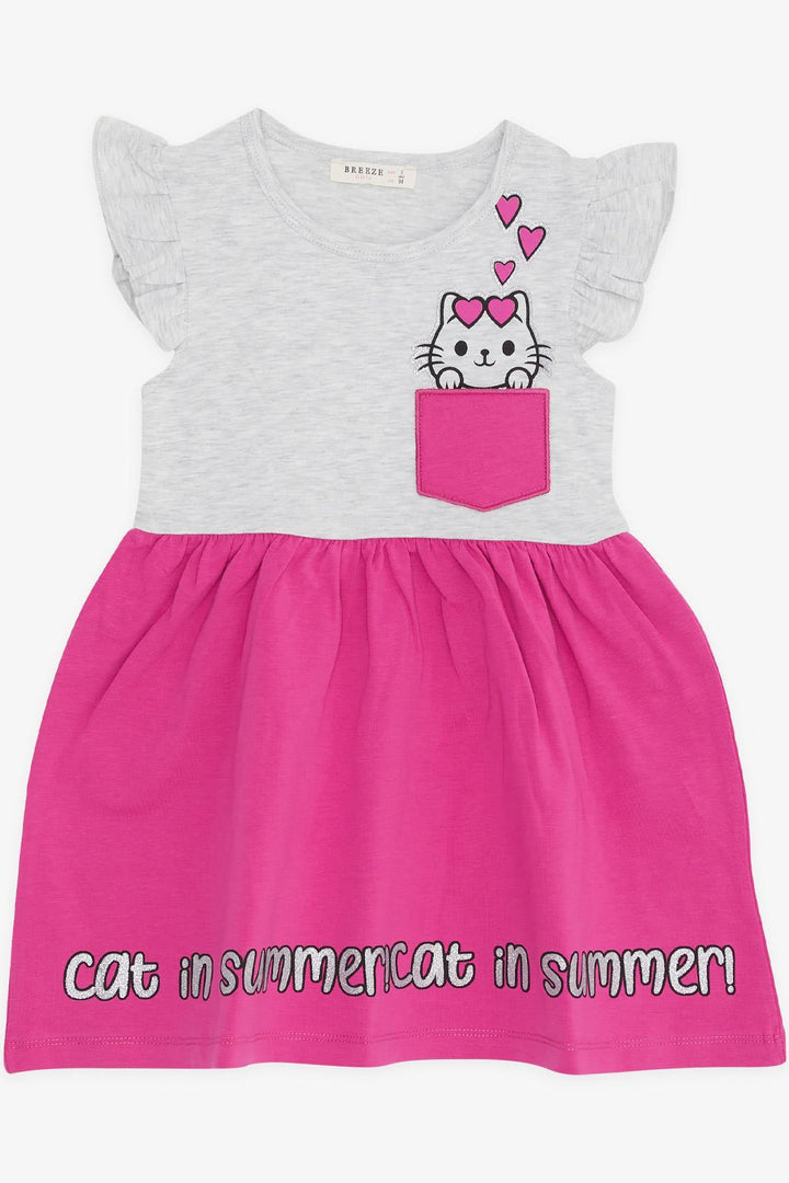 BRE Breeze Girl's Dress with Pocket Glittery Cat Print 1.5-5 Years, Light Grey Melange - Blyth