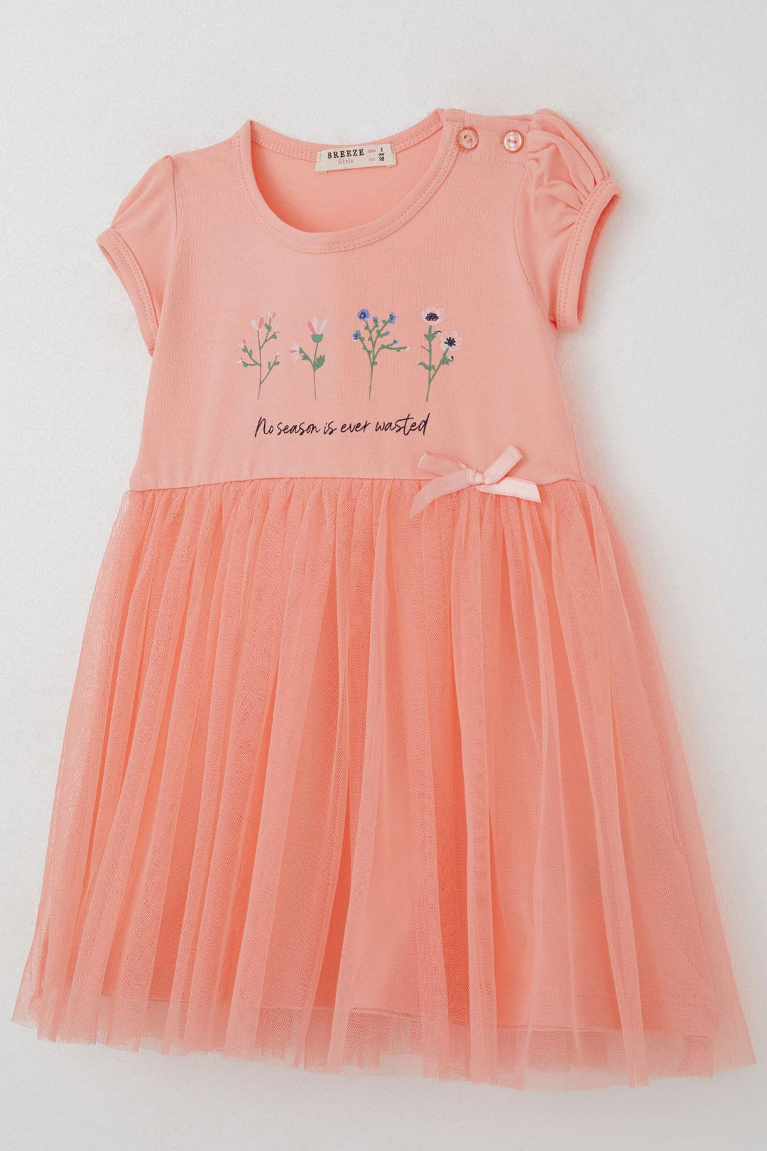 BRE Breeze Girl Dress Flower Printed Tulle with Bow Detail 1.5-5 Years, Salmon - Leeuwarden