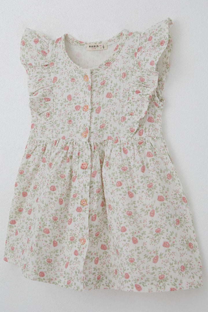 BRE Breeze Girl's Dress with Flower Pattern Front Button Detail 2-6 Years, Ecru - Bootle