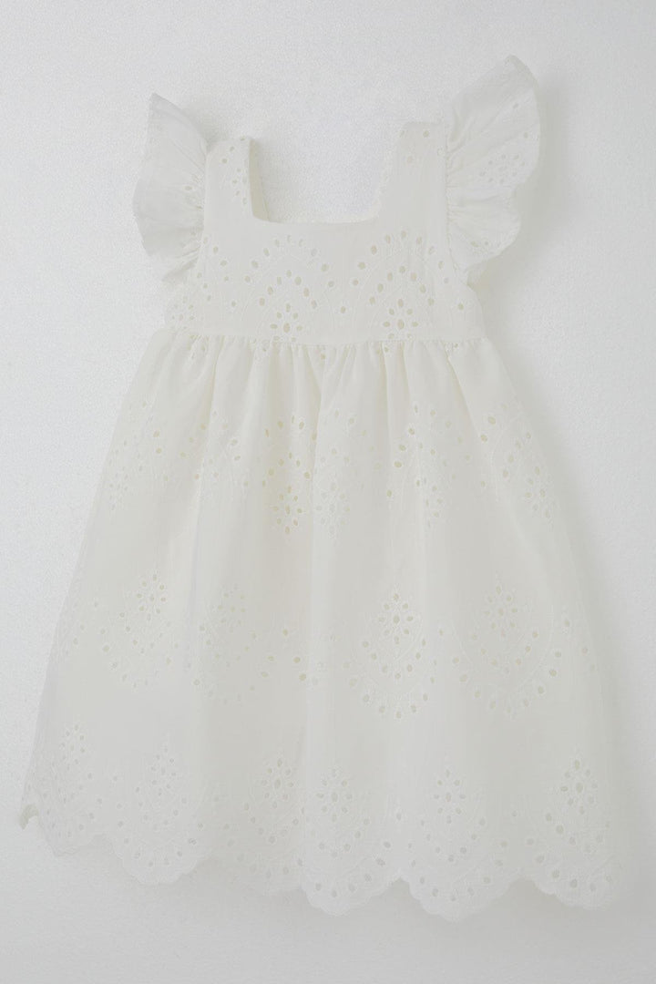 BRE Breeze Girl's Dress with Flower Embroidery, Back Zipper, 3-8 Years, Ecru - Meoqui