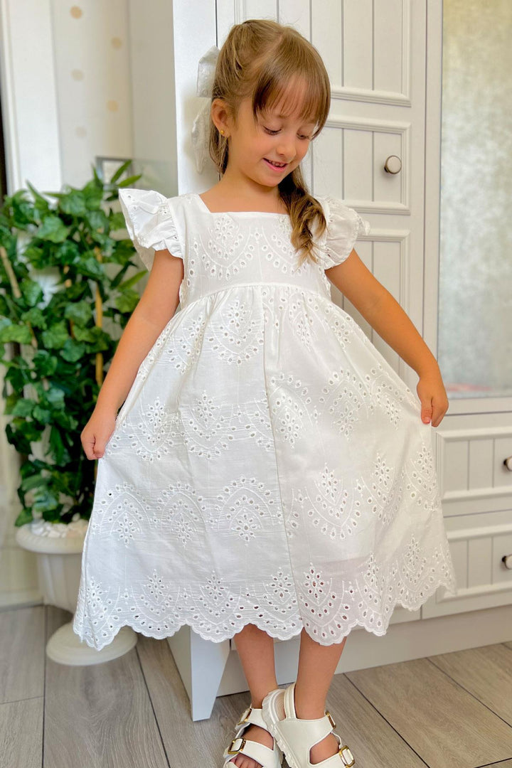 BRE Breeze Girl's Dress with Flower Embroidery, Back Zipper, 3-8 Years, Ecru - Rovigo