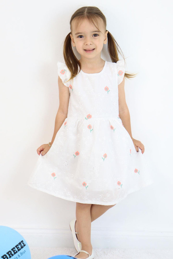 BRE Breeze Kız Çocuk Elbise Çiçek Nakışlı Güpür Detaylı 3-7 Yaş, Ekru - Casa Grande