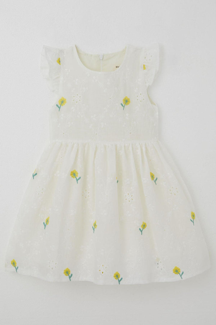 BRE Breeze Kız Çocuk Elbise Çiçek Nakışlı Güpür Detaylı 3-7 Yaş, Ekru - Pervomaisk