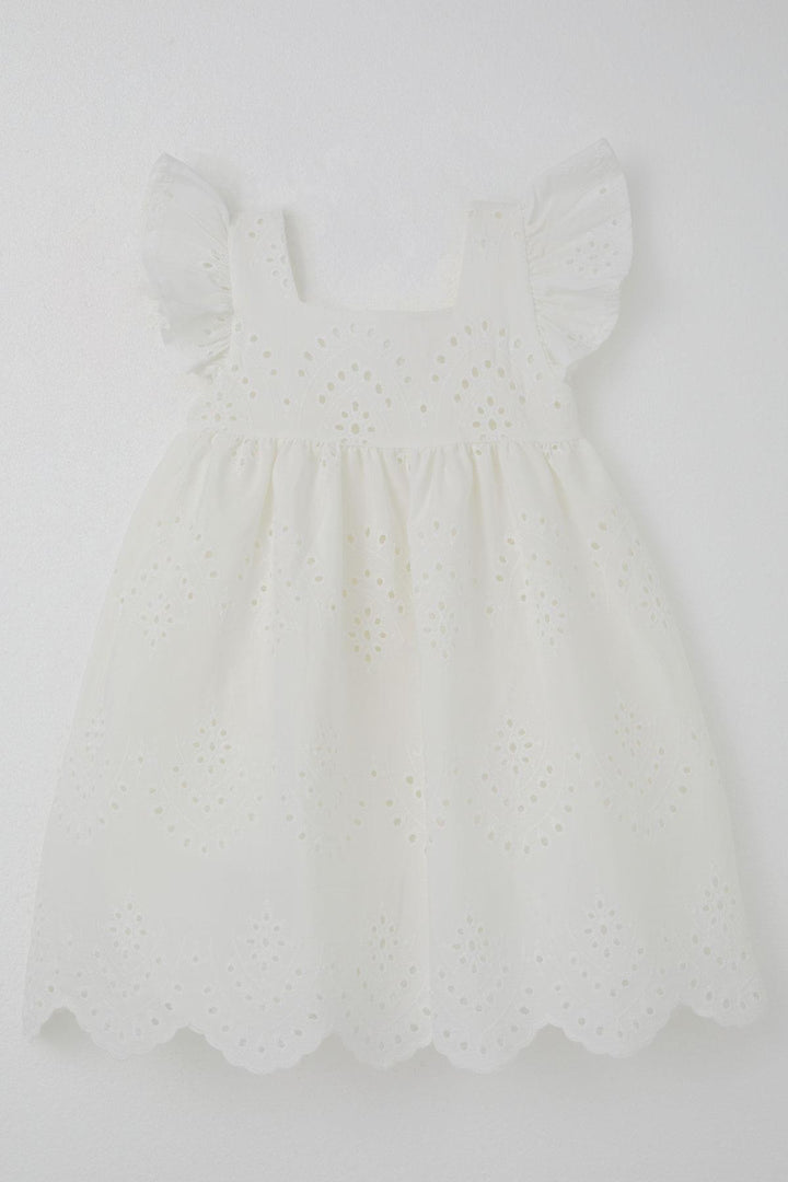 BRE Breeze Girl's Dress with Flower Embroidery, Back Zipper, 3-8 Years, Ecru - Rovigo