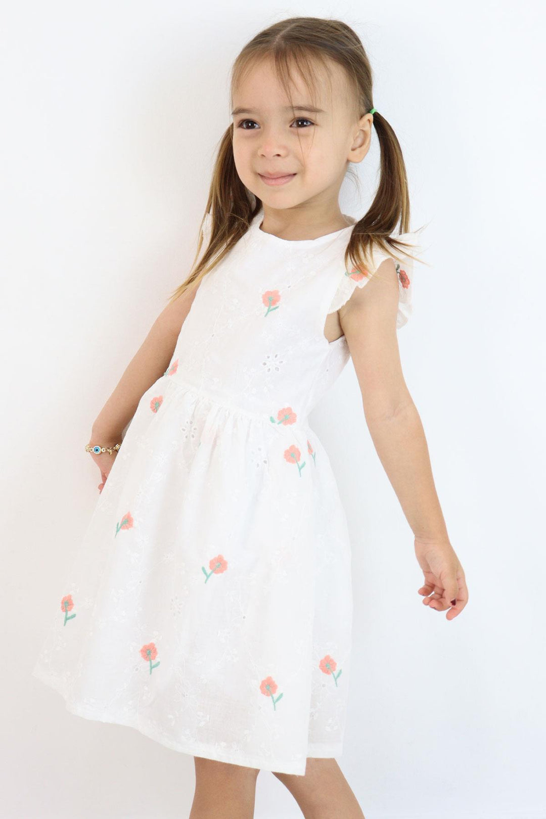 BRE Breeze Kız Çocuk Elbise Çiçek Nakışlı Güpür Detaylı 3-7 Yaş, Ekru - Casa Grande