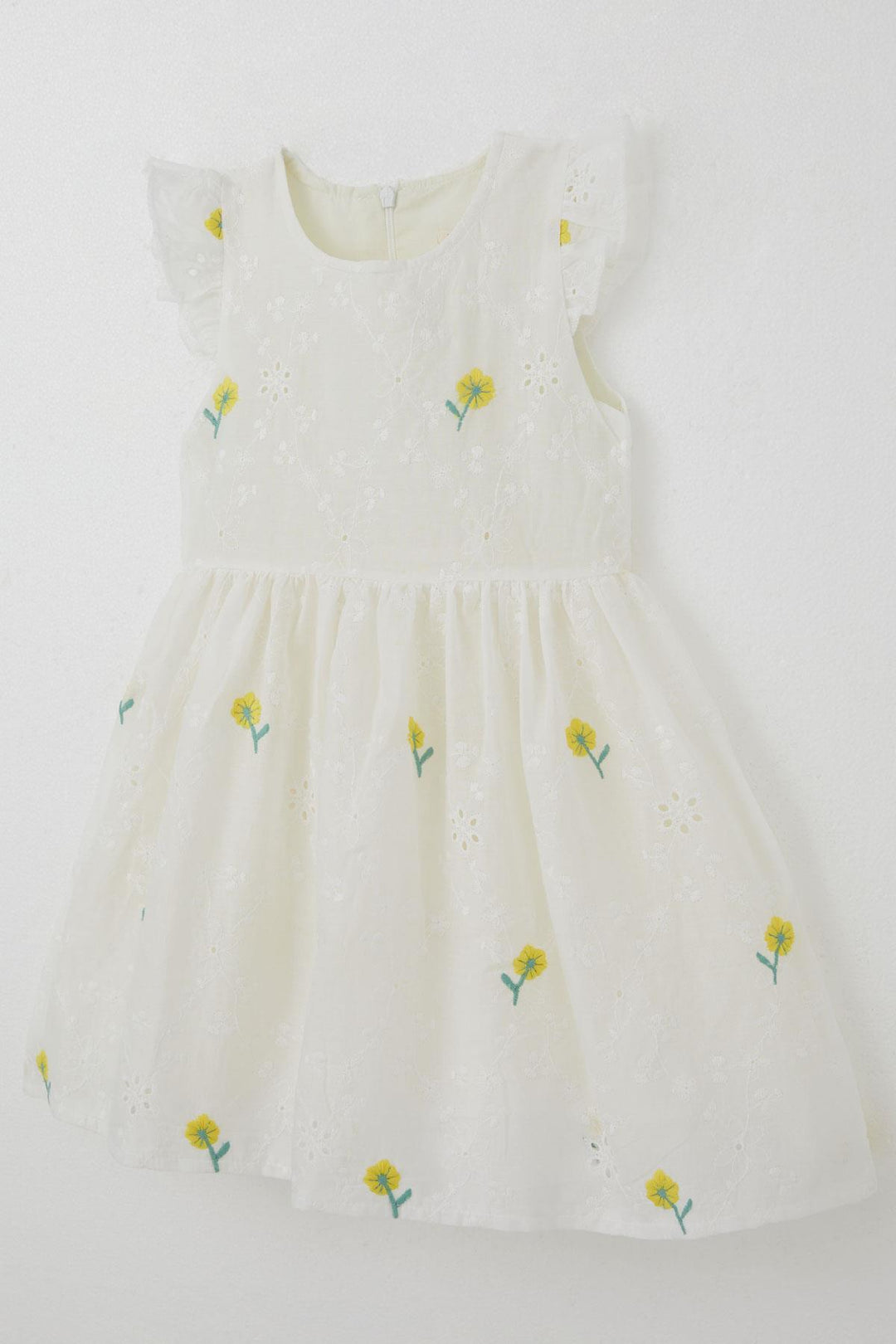 BRE Breeze Kız Çocuk Elbise Çiçek Nakışlı Güpür Detaylı 3-7 Yaş, Ekru - Pervomaisk