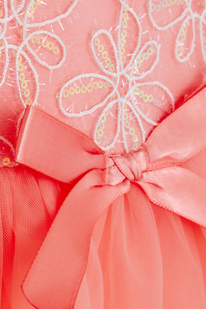 BRE Breeze Girl's Dress with Flower Embroidery and Ruffled Tulle, Salmon, 3-8 Years - Lorca