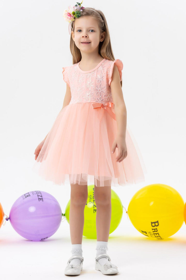 BRE Breeze Girl's Dress with Flower Embroidery and Ruffled Tulle, Salmon, 3-8 Years - Lorca