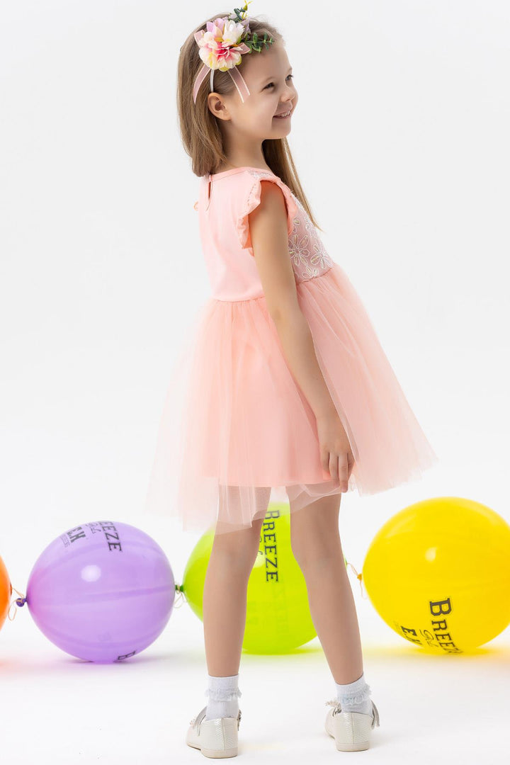 BRE Breeze Girl's Dress with Flower Embroidery and Ruffled Tulle, Salmon, 3-8 Years - Lorca