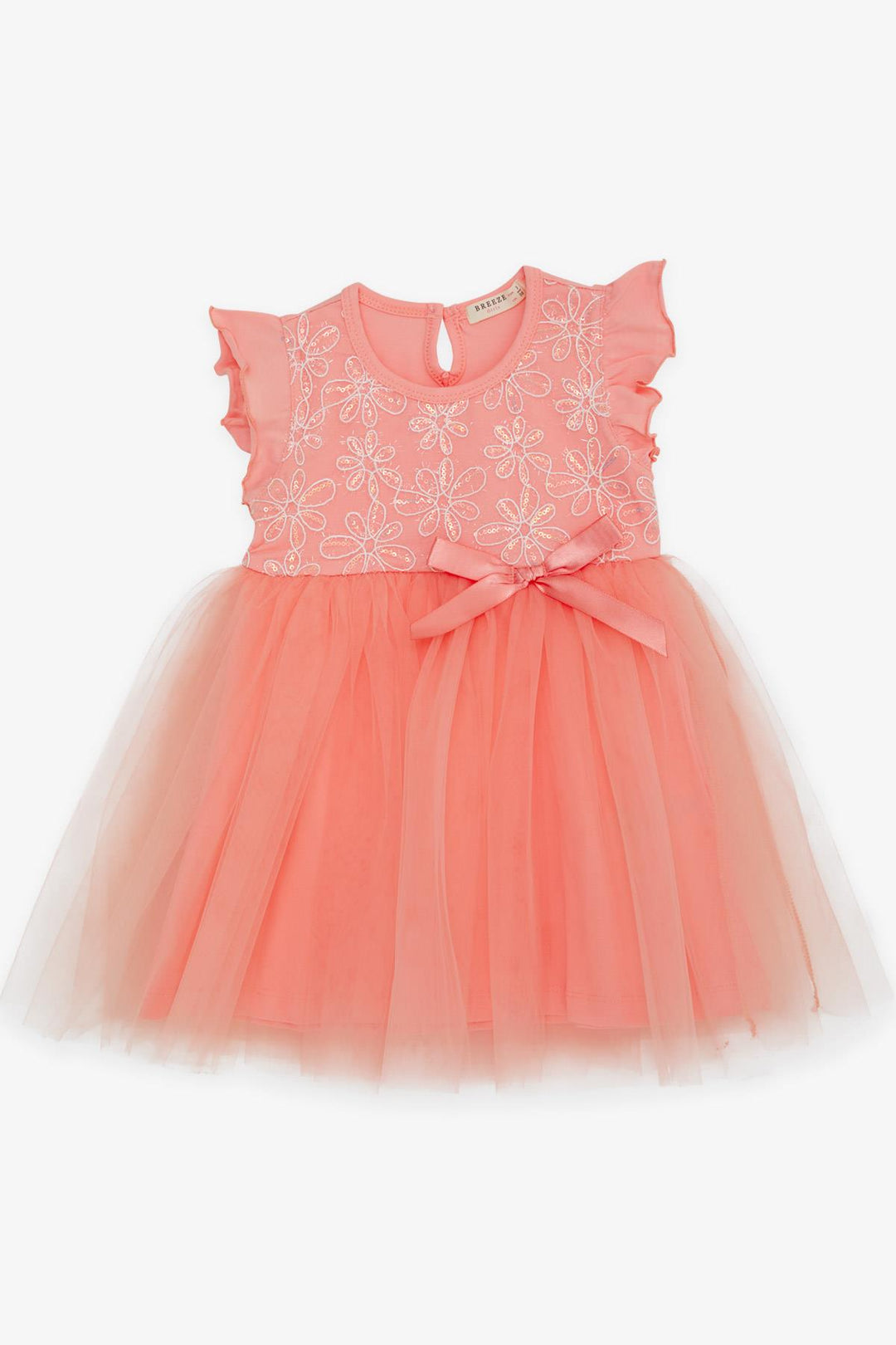 BRE Breeze Girl's Dress with Flower Embroidery and Ruffled Tulle, Salmon, 3-8 Years - Lorca