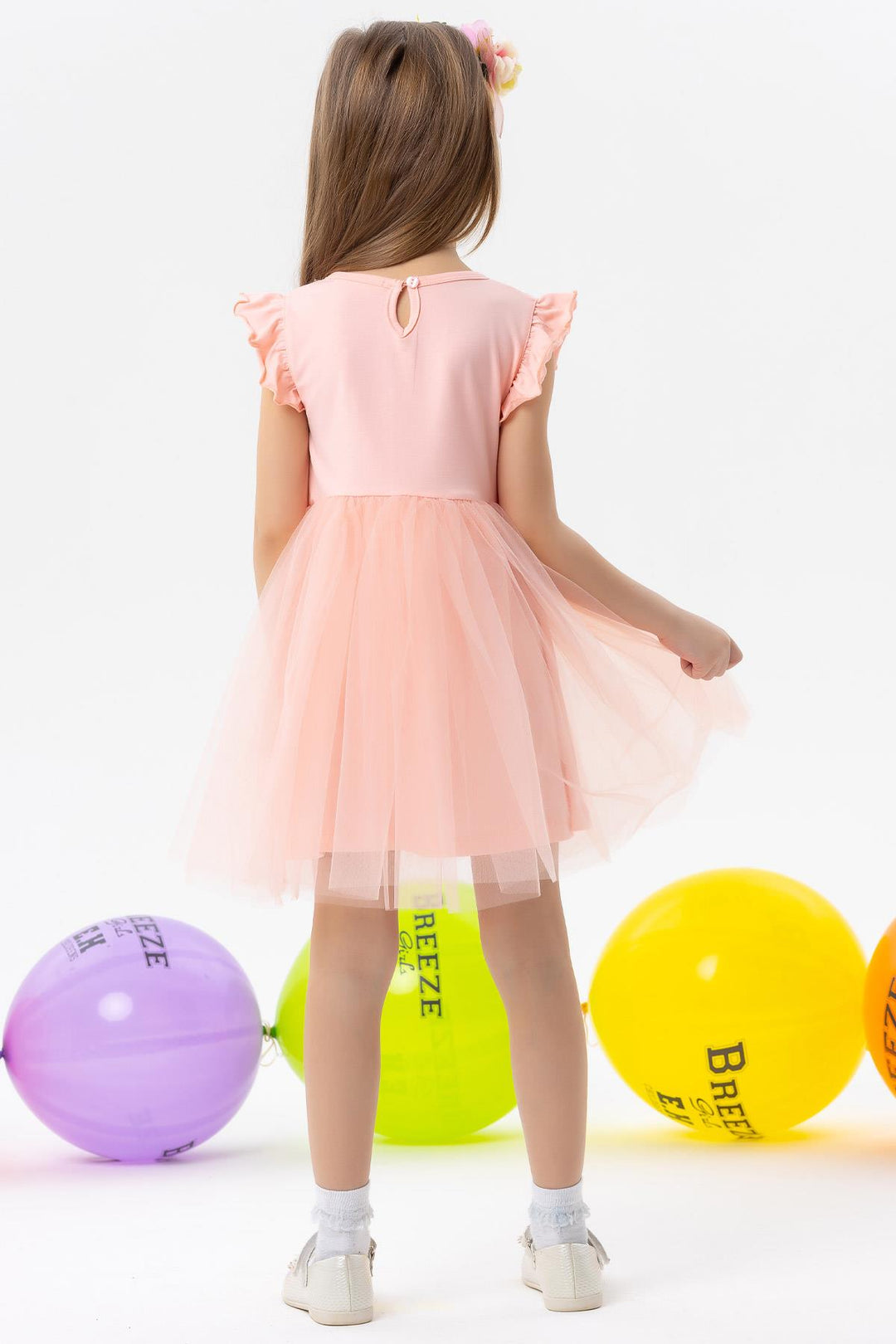 BRE Breeze Girl's Dress with Flower Embroidery and Ruffled Tulle, Salmon, 3-8 Years - Lorca