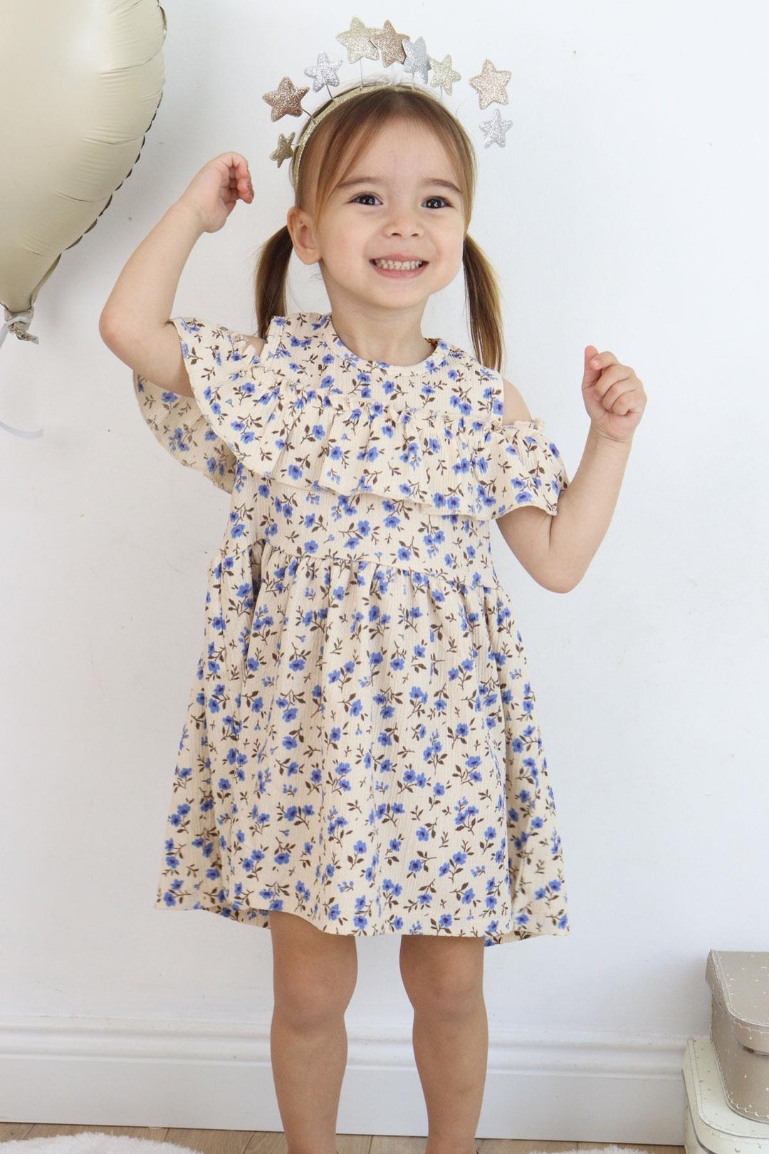 BRE Breeze Girl Dress Floral Ruffled Back Buttoned 3-7 Years, Beige - Hrodna