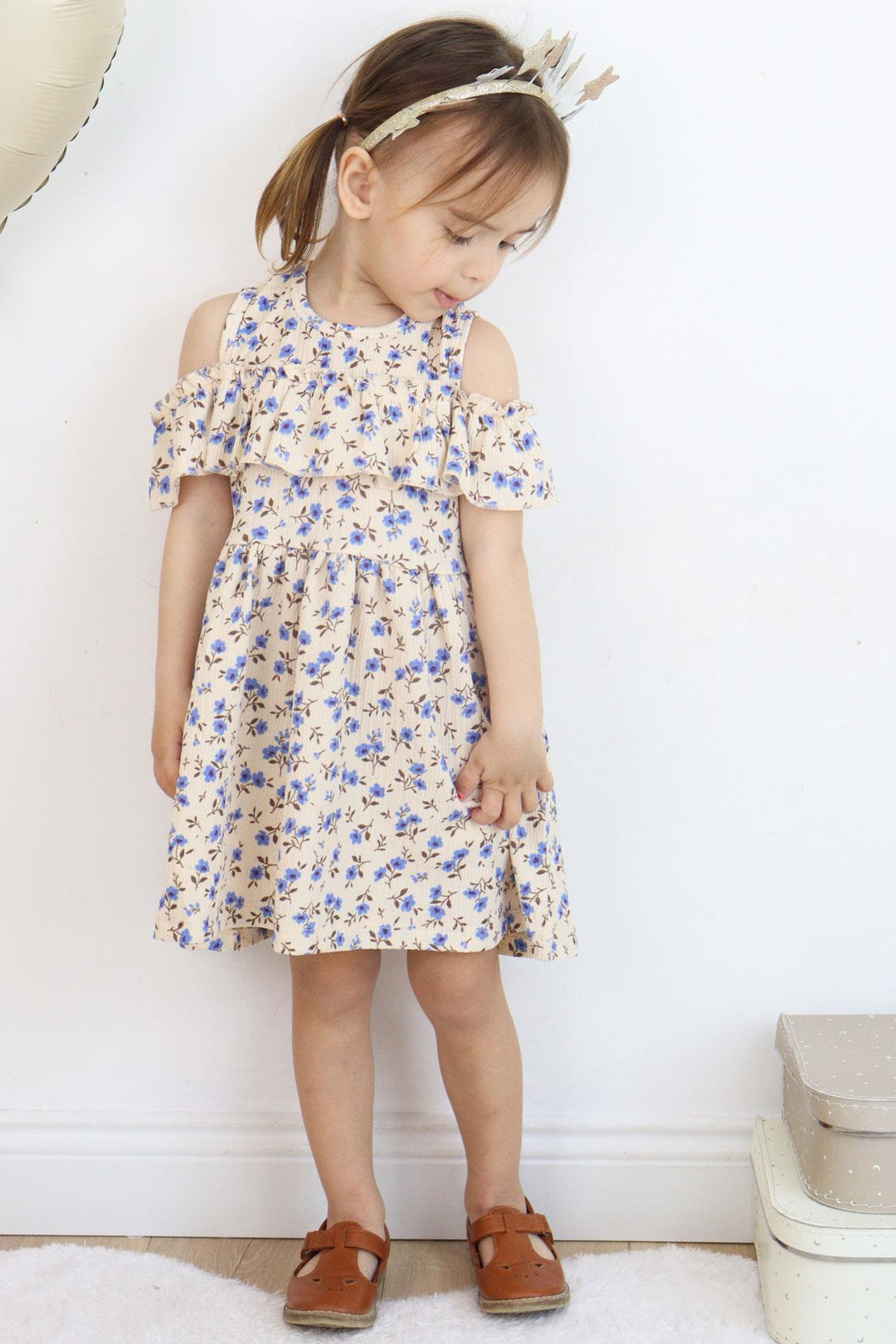BRE Breeze Girl Dress Floral Ruffled Back Buttoned 3-7 Years, Beige - Hrodna