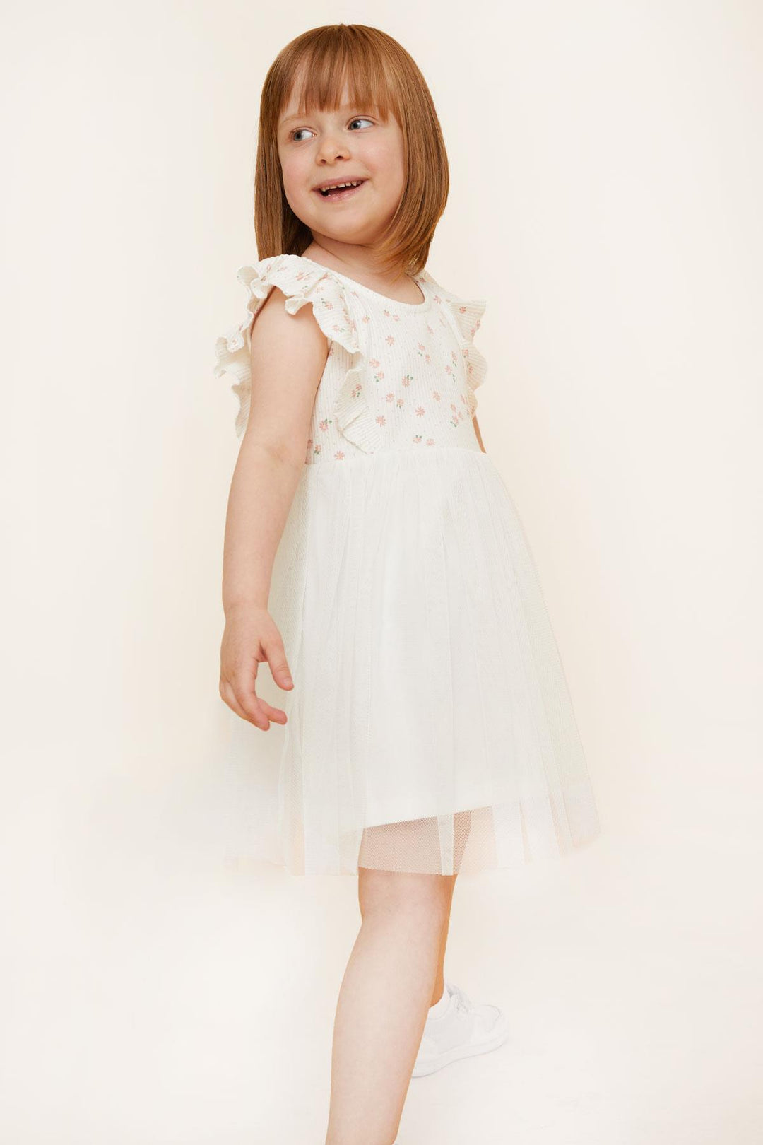 BRE Breeze Girl's Dress with Floral Ruffled Tulle, 4-8 Years, Ecru - Benevento