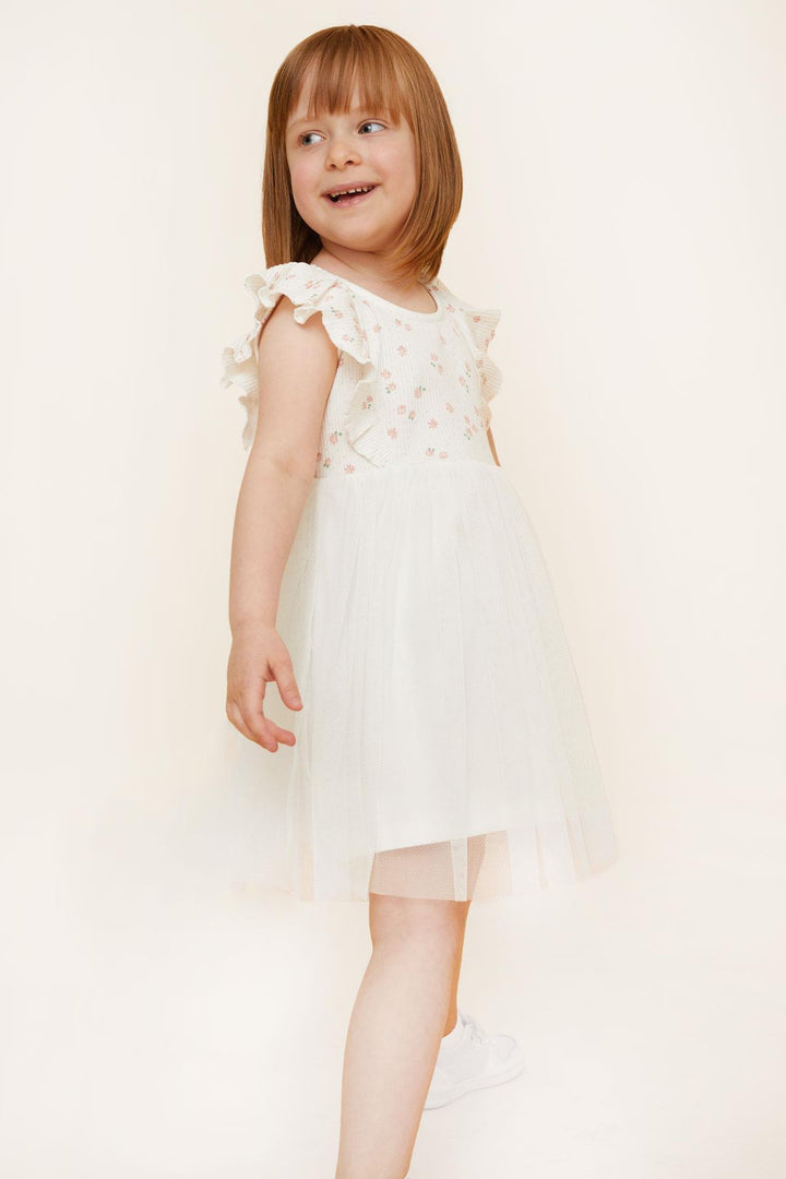 BRE Breeze Girl's Dress with Floral Ruffled Tulle, 4-8 Years, Ecru - Benevento