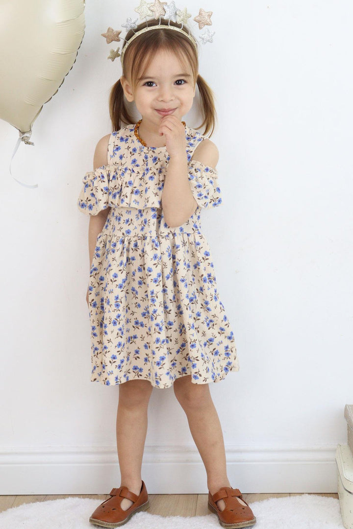 BRE Breeze Girl Dress Floral Ruffled Back Buttoned 3-7 Years, Beige - Hrodna