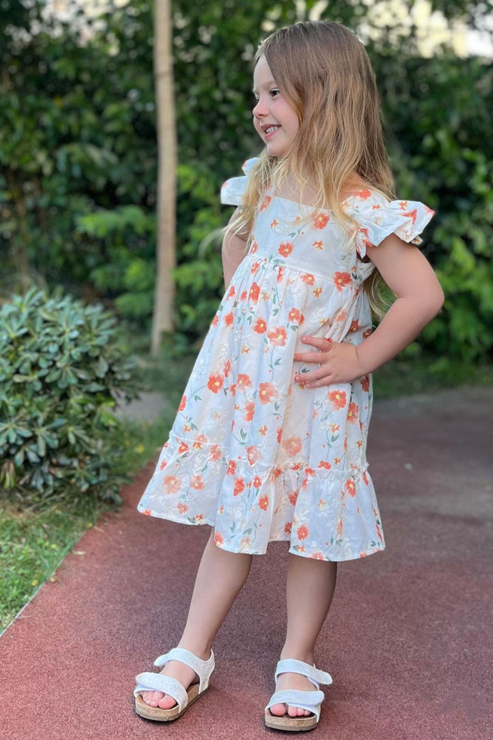 BRE Breeze Girl's Dress with Floral Ruffled Embroidery, 2-6 Years, Ecru - Mykolaiv