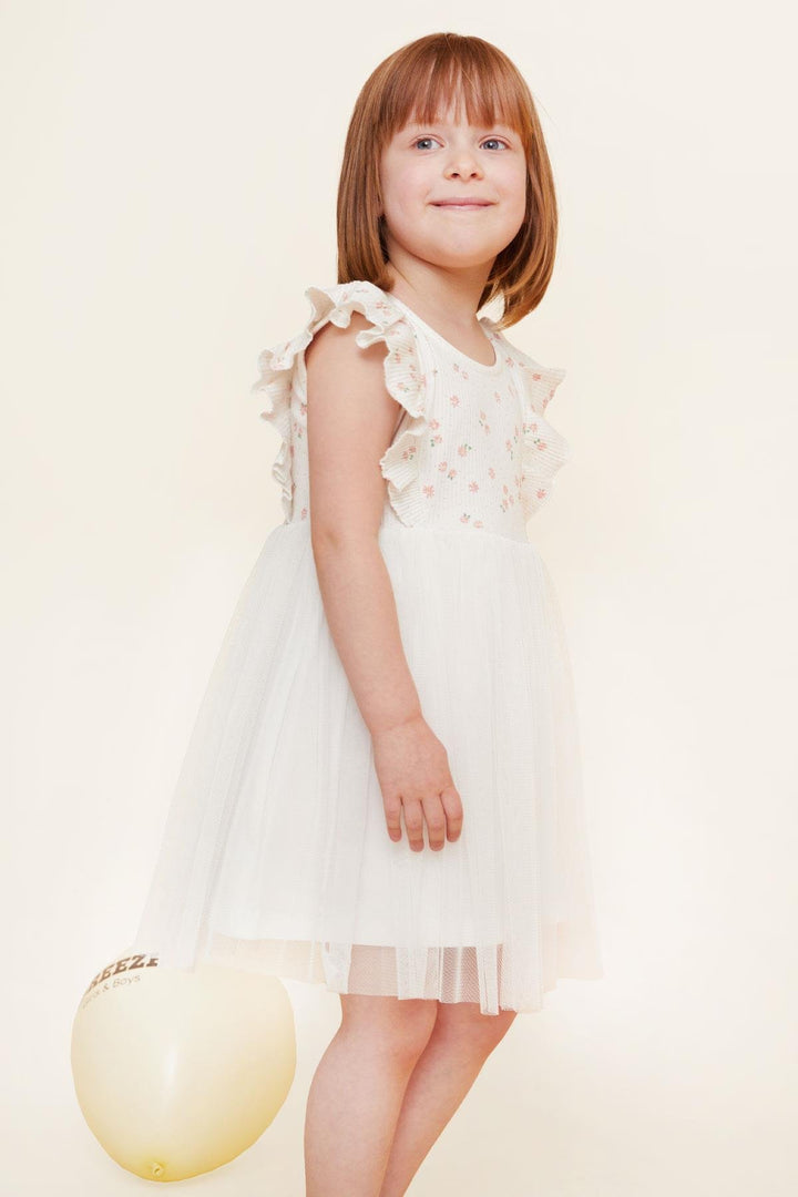 BRE Breeze Girl's Dress with Floral Ruffled Tulle, 4-8 Years, Ecru - Benevento