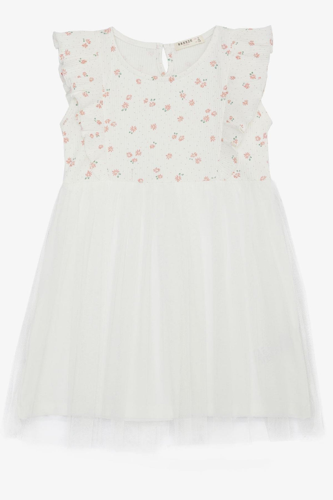 BRE Breeze Girl's Dress with Floral Ruffled Tulle, 4-8 Years, Ecru - Benevento