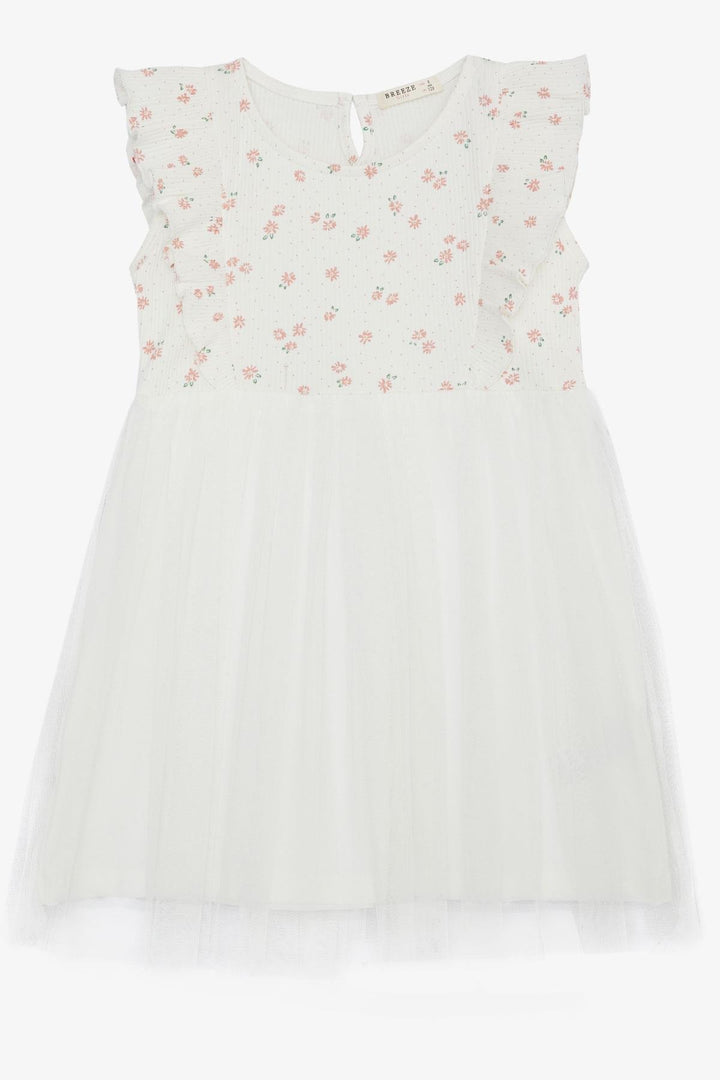 BRE Breeze Girl's Dress with Floral Ruffled Tulle, 4-8 Years, Ecru - Benevento