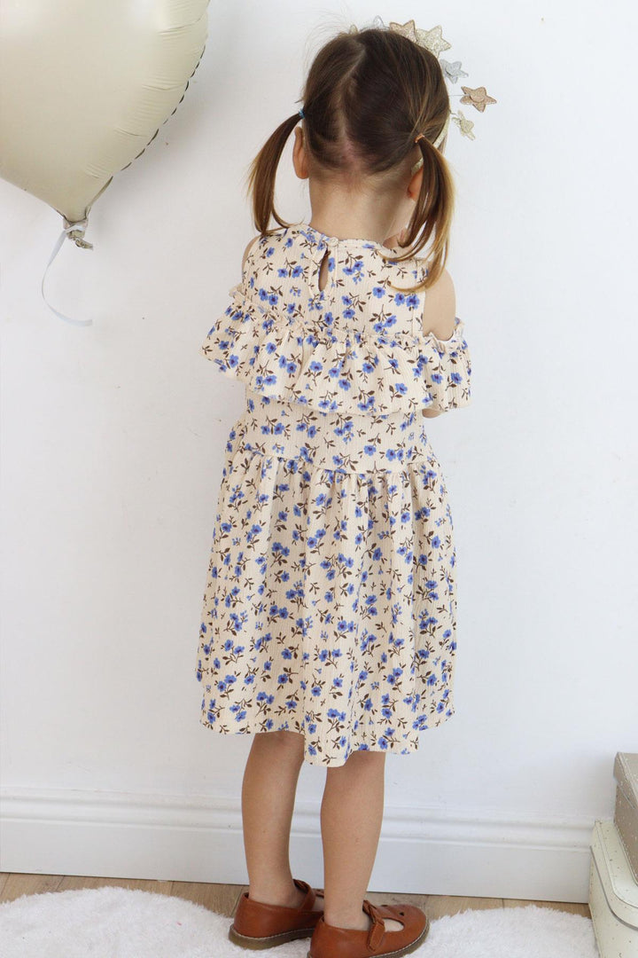 BRE Breeze Girl Dress Floral Ruffled Back Buttoned 3-7 Years, Beige - Hrodna