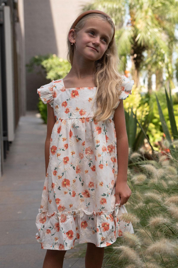 BRE Breeze Girl's Dress with Floral Ruffled Embroidery, 2-6 Years, Ecru - Mykolaiv