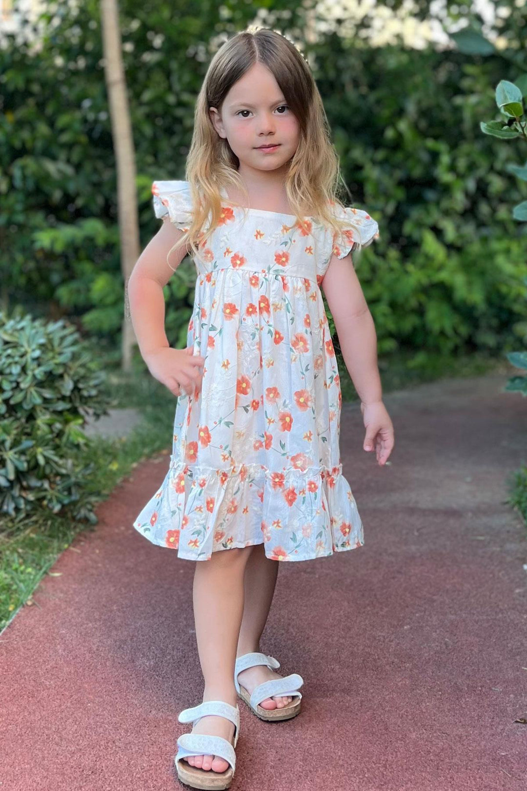 BRE Breeze Girl's Dress with Floral Ruffled Embroidery, 2-6 Years, Ecru - Mykolaiv
