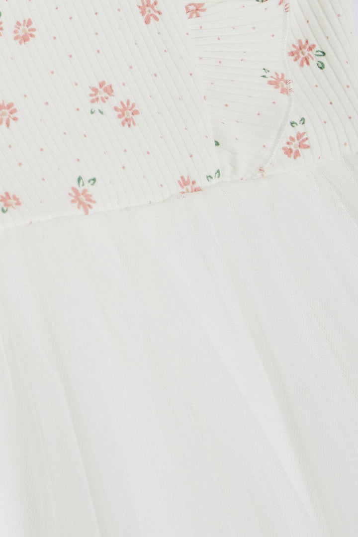 BRE Breeze Girl's Dress with Floral Ruffled Tulle, 4-8 Years, Ecru - Benevento
