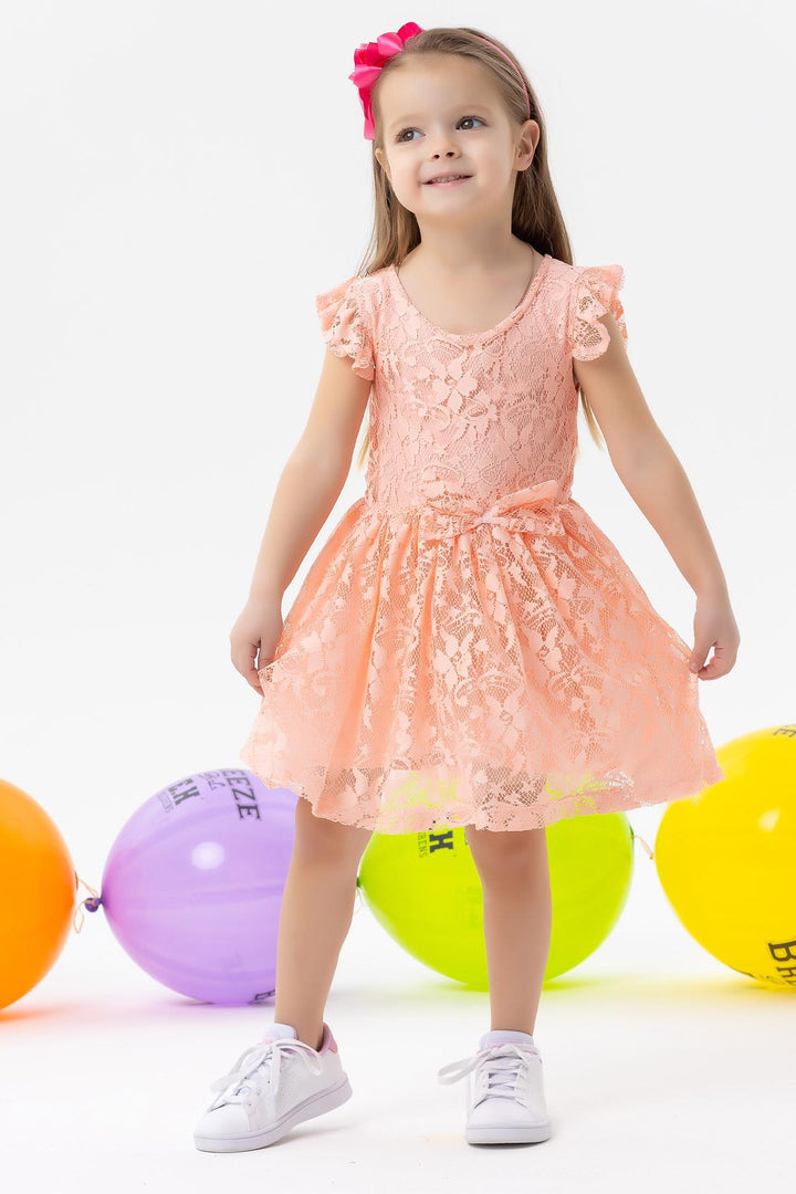 BRE Breeze Girl's Dress with Bow Tulle Lace 3-8 Years, Salmon - Walnut Creek