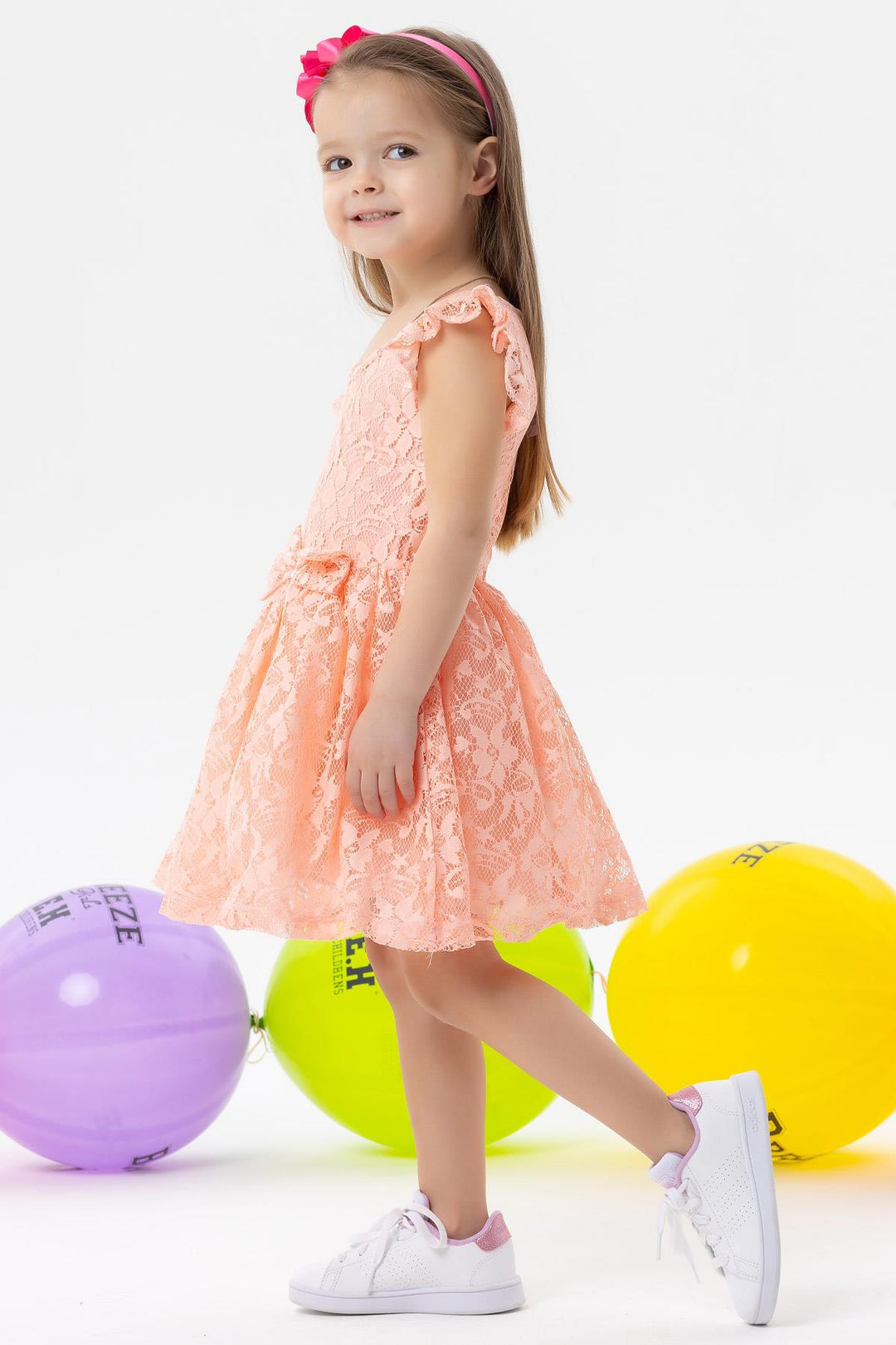 BRE Breeze Girl's Dress with Bow Tulle Lace 3-8 Years, Salmon - Walnut Creek