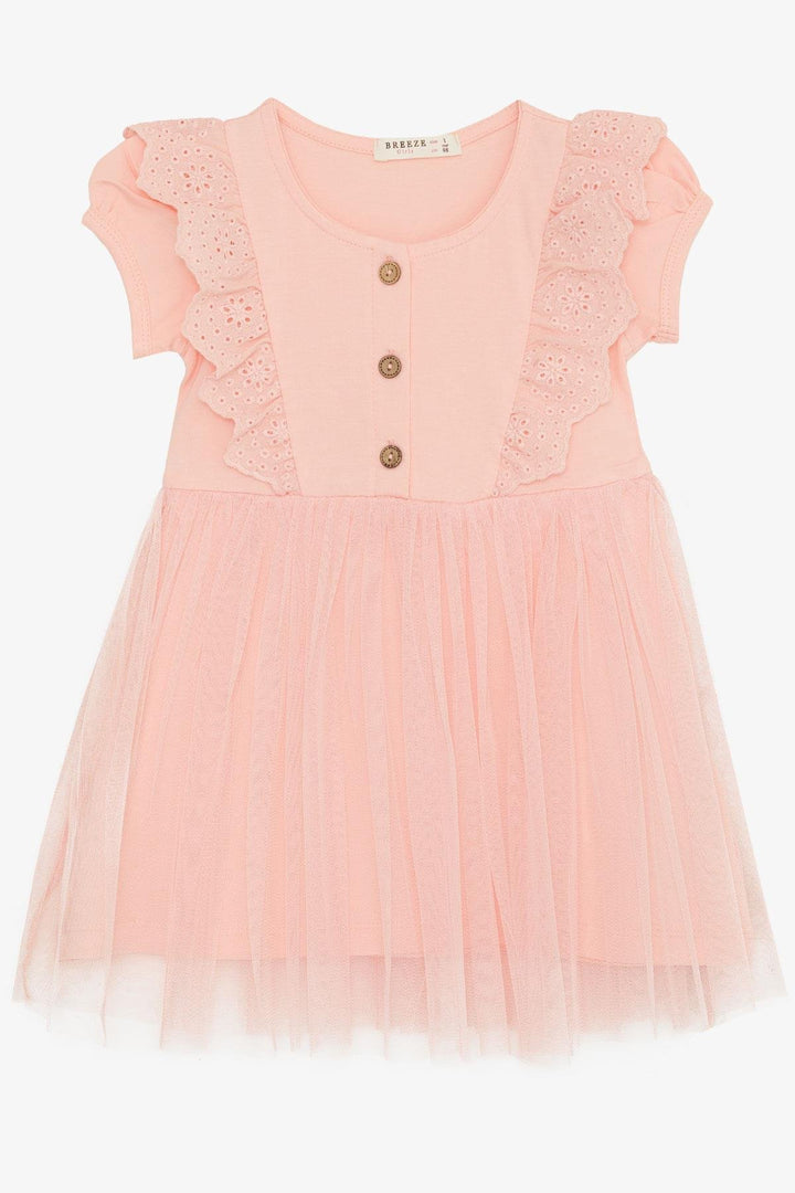 BRE Breeze Girl's Dress with Guipure Embroidery and Buttons, 1.5-5 Years, Salmon - Security-Widefield